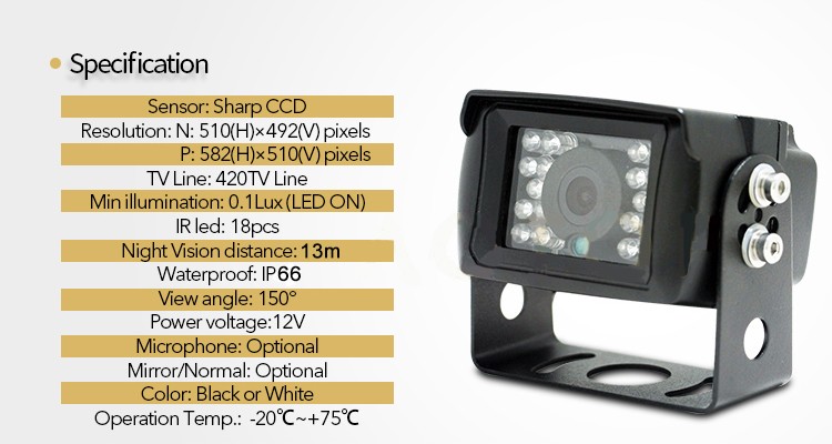 caméra de recul universelle IR LED 13m